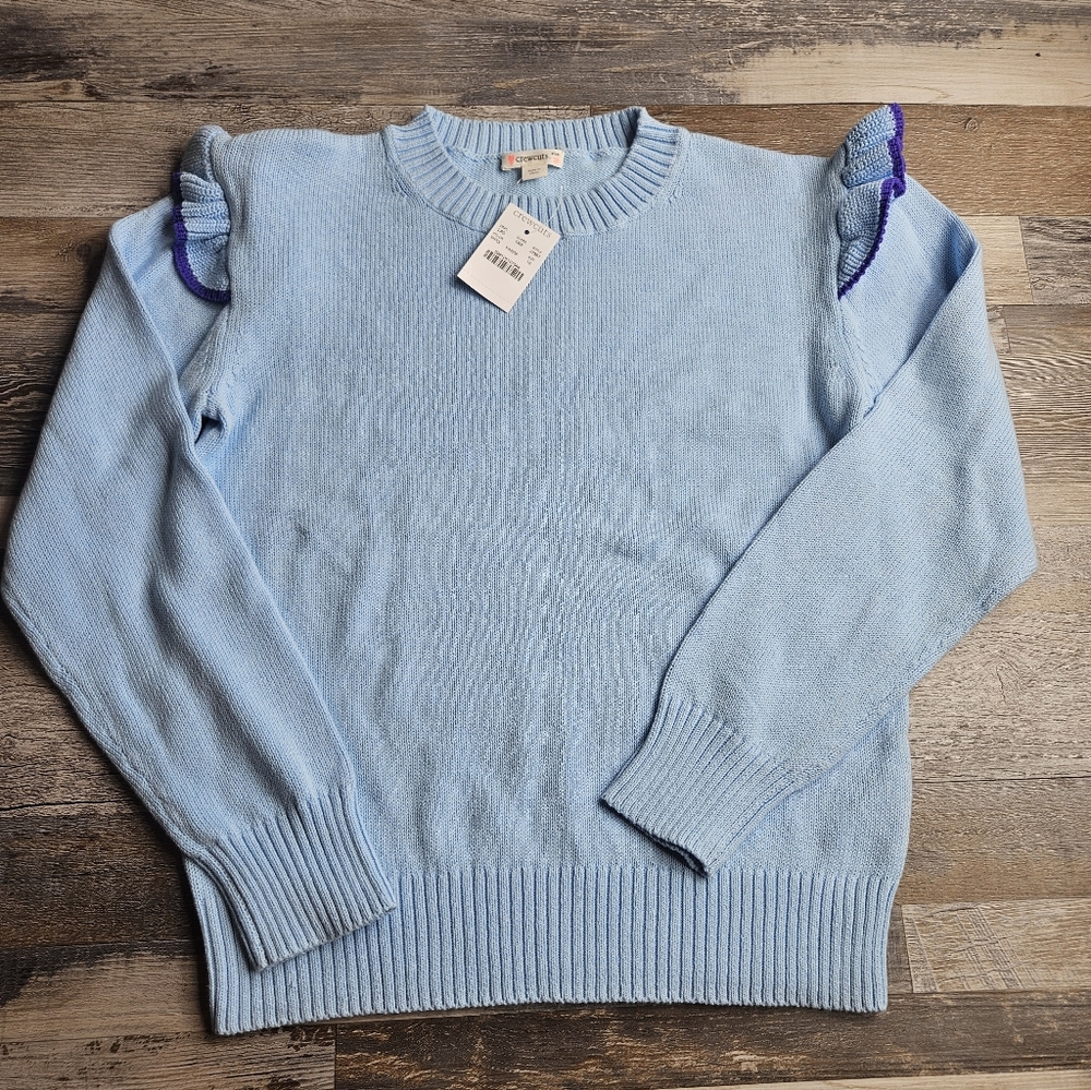 CrewCuts By J. Crew Girl's Size 16 Blue Sweater Ruffle Shoulder Purple Trim NEW